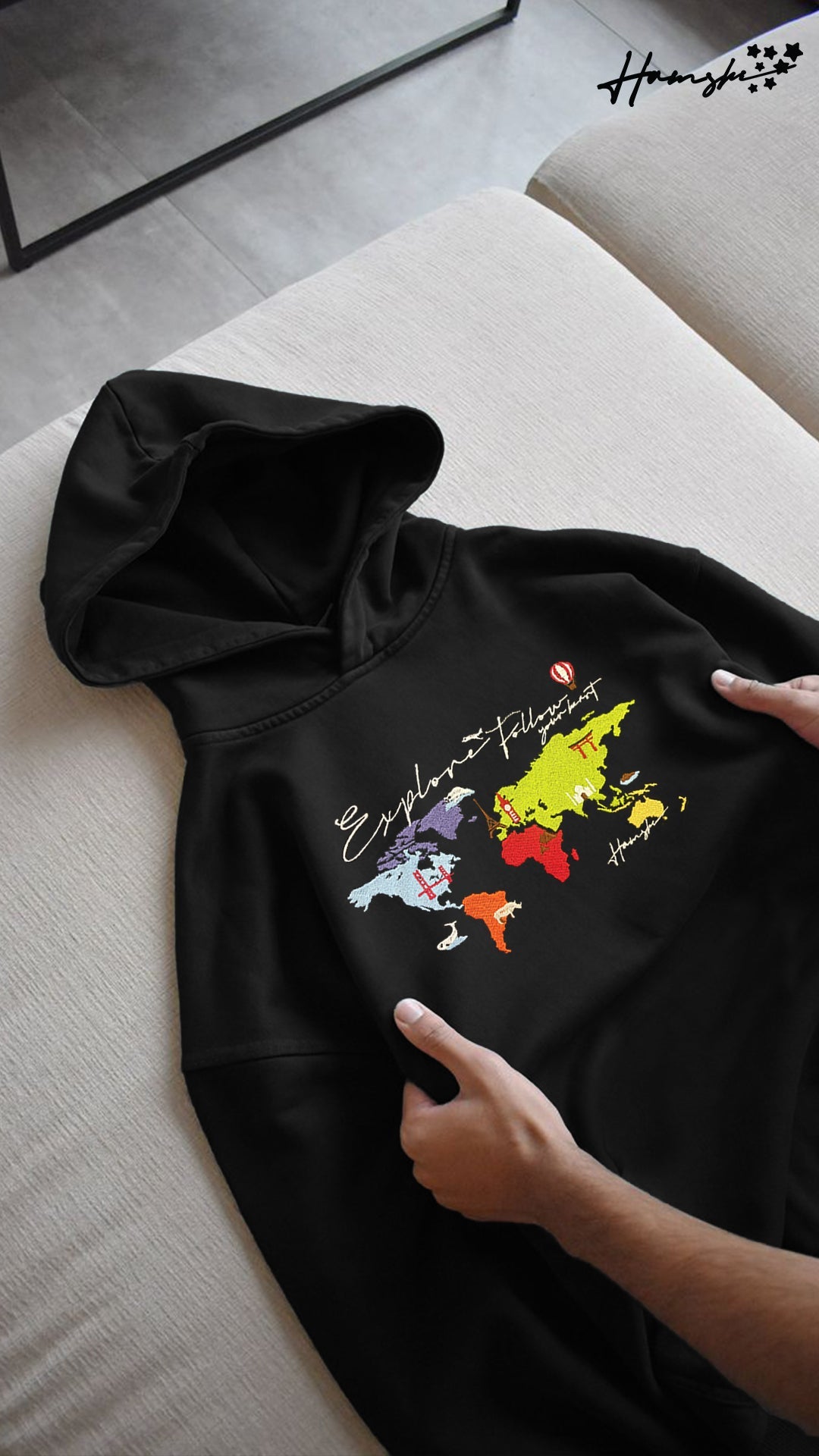 World Map Embroidery Hoodie - Black